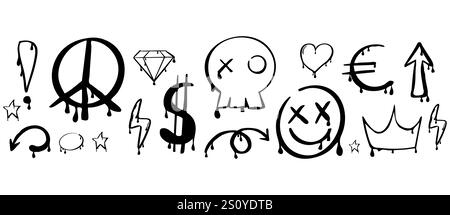 Graffiti y2k groovy tattoo hand drawn paint with splatter street drawing seamless border. Heart, smile arrow elements, ink print. Trendy splash brush illustrations. Vector illustration Stock Vector