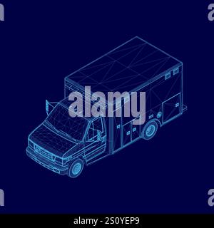 Blue ambulance is shown in a blue background. The ambulance is parked on the side of the road Stock Vector