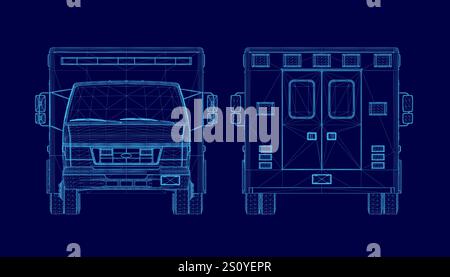 Blue image of an ambulance. The front of the ambulance is shown in detail, while the back is shown in a more abstract way. Concept of motion and actio Stock Vector