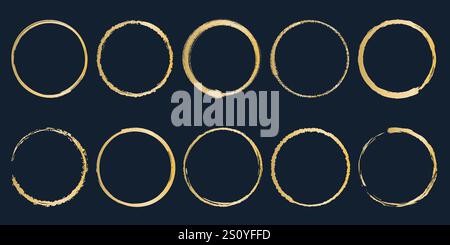 Set of golden grunge circular frames. Golden paint brush round rims. Empty circle clip art, vector graphic Stock Vector