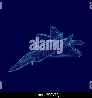Blue wireframe of a fighter jet. The jet is in the air and has a ...