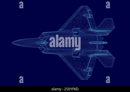 Blue wireframe of a fighter jet. The jet is in the air and has a ...