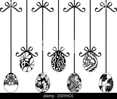 Illustration of different hanging Easter egg decorations isolated on white background Stock Vector
