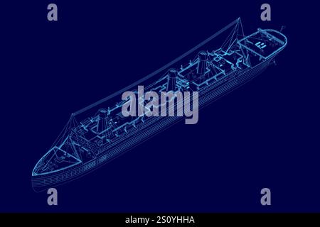 Blue image of a ship. The ship is shown in a 3D format, with a lot of detail and a sense of depth Stock Vector