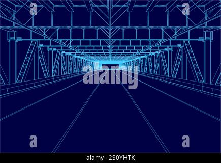 Blue drawing of a long, empty tunnel. The tunnel is very long and has no people or objects in it. Scene is very calm and peaceful Stock Vector