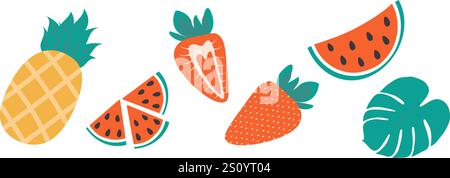 Set Various summer fruits and monstera leaf Pineapple, watermelon slices, strawberry Whole and half. Isolated Vector illustration Thematic cards or web promo banners, leaflet, price tag, label, poster Stock Vector