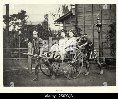 History of Japan, Japanese Geisha travelling in a Kuruma human powered sedan cart, Vintage photograph, Travel, 19th Century Stock Photo