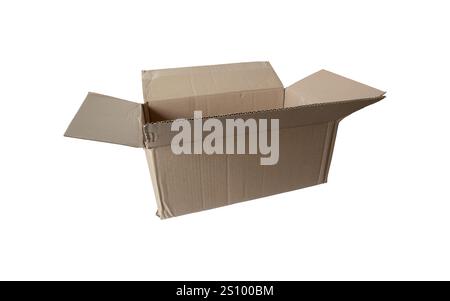 Open used brown cardboard mailing box isolated on white. Mail container slightly damaged during shipment. Arrived postal package. Stock Photo