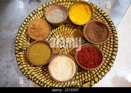 selection of moroccan spices used in a cookery class in marrakesh, morocco Stock Photo
