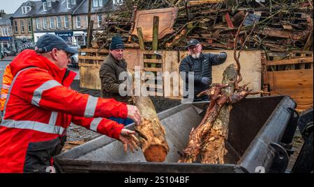 Building the traditional hogmanay bonfire in Biggar, South Lanarkshire, Scotland. Stock Photo