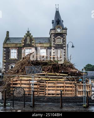 Building the traditional hogmanay bonfire in Biggar, South Lanarkshire, Scotland. Stock Photo