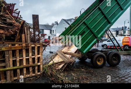 Building the traditional hogmanay bonfire in Biggar, South Lanarkshire, Scotland. Stock Photo