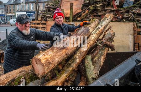 Building the traditional hogmanay bonfire in Biggar, South Lanarkshire, Scotland. Stock Photo