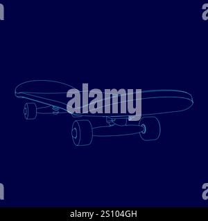 Skateboard is drawn in blue outline. The skateboard is shown in a stylized way, with the wheels and the board itself being the main focus. Concept of Stock Vector