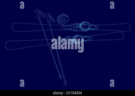Pair of skis and ski poles are shown in a blue background. The skis are positioned in a way that they appear to be in use, with the poles resting on t Stock Vector