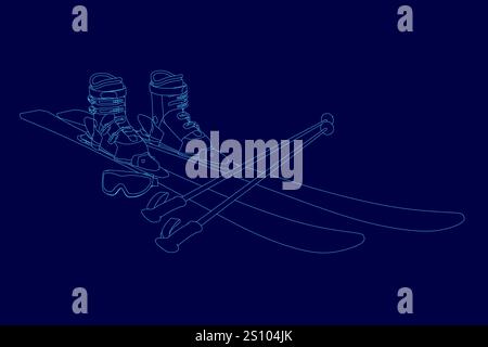 Pair of skis and ski poles are shown in a blue background. The skis are positioned in a way that they appear to be leaning on each other, with the ski Stock Vector
