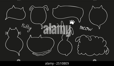 Hand-drawn sketch of a cute set of cat and dog-themed speech bubbles and frames in doodle line style. n Stock Vector