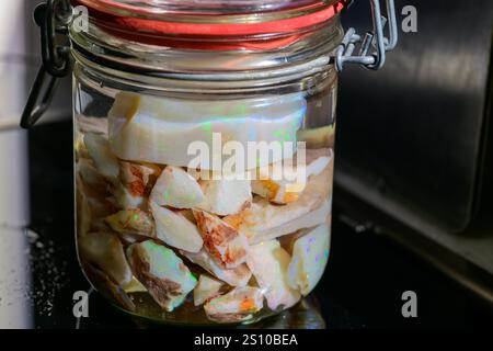 A medium shot of rough opal stones suspended in water in a sealed glass container, showcasing their vibrant colors and natural textures. Stock Photo