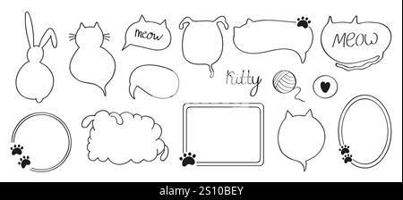 Hand-drawn sketch of a cute set of cat and dog-themed speech bubbles and frames in doodle line style. n Stock Vector