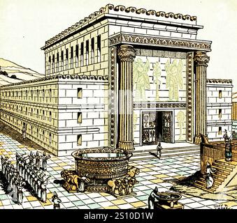 Solomon's temple facing east, c1930. By Donn Philip Crane (1878-1944). In this artists reconstruction of the Temple of Solomon the great brazen sea, which rests on twelve oxen, can be seen to the left of the picture. Whilst the great altar can be seen directly in front of the temple. The Temple of Solomon, also known as the First Temple of Jerusalem, is, according to the Hebrew Bible, a place of worship built by King Solomon on Mount Moriah and destroyed during the siege of Jerusalem by the Babylonian army of Nebuchadnezzar II. Stock Photo