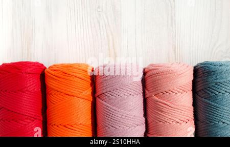 ECO fibers, colored skeins of thread for weaving macrame close-up. Cotton threads made in Turkey. Stock Photo