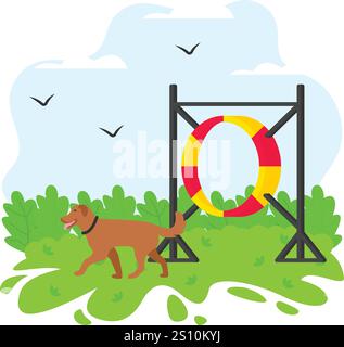 Dog Jump Hoop concept, Doggy during agility competition training vector color icon design, Pet foster and hotel Symbol, kennel animals Sign, Human-ani Stock Vector