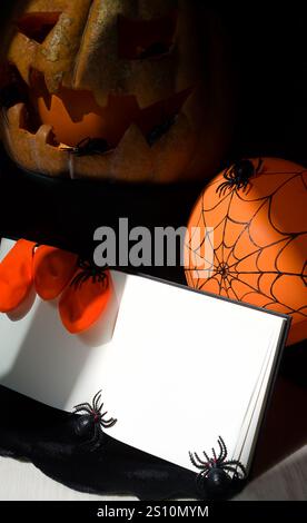 Decorative web with spiders in sunlight for Halloween. White background for text for the holiday. Stock Photo