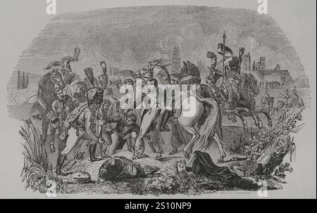 Napoleonic Wars. Battle of Ratisbon or Battle of  Regensburg (April 23, 1809). Napoleon's French troops defeated the Austrian army led by Archduke Charles. Napoleon was slightly wounded by a shot to the ankle. Napoleon wounded in front of Regensburg. Engraving by J. Quartley after a painting by Pierre Gautherot. 'Los Heroes y las Grandezas de la Tierra' (The Heroes and the Grandeurs of the Earth). Volume VIII. 1856. Stock Photo