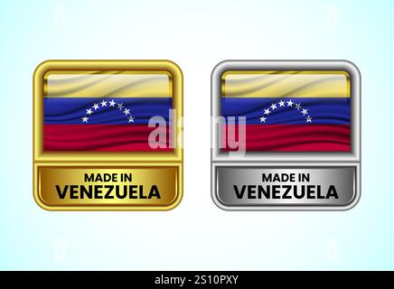 Made in Venezuela label icon in gold and silver color. Flag icon set for business Stock Vector