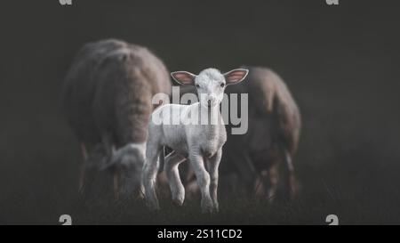 Close-up of an East Friesian lamb looking into the camera, grown-up sheep in the background, low-angle, dark mood, matte effect, dark green background Stock Photo