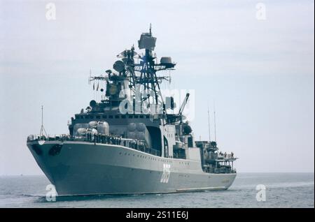 The Russian warship bearing the pennant number 605 is the Admiral Levchenko, an Udaloy-class anti-submarine destroyer serving in the Russian Navy's Northern Fleet. Commissioned in 1988, the vessel is named after Admiral Gordey Levchenko. Stock Photo