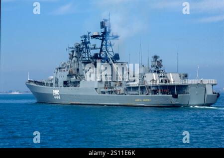 The Russian warship bearing the pennant number 605 is the Admiral Levchenko, an Udaloy-class anti-submarine destroyer serving in the Russian Navy's Northern Fleet. Commissioned in 1988, the vessel is named after Admiral Gordey Levchenko. Stock Photo