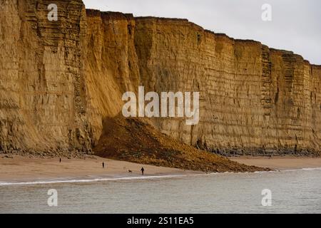 West Bay, Dorset, UK. 30th Dec, 2024. UK Weather: Another significant cliff fall blocks the beach between West Bay and Freshwater on the Jurassic Coast. There have already been several large slips this year. Further stormy weather is forecast for the New Year with weather warnings issued across the country. Credit: Celia McMahon/Alamy Live News Stock Photo