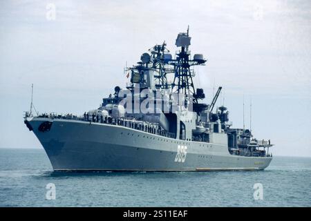 The Russian warship bearing the pennant number 605 is the Admiral Levchenko, an Udaloy-class anti-submarine destroyer serving in the Russian Navy's Northern Fleet. Commissioned in 1988, the vessel is named after Admiral Gordey Levchenko. Stock Photo