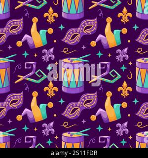A seamless pattern featuring drums, jester hats, fleur-de-lis motifs, party blowers, and carnival masks. This playful vector illustration is perfect f Stock Vector