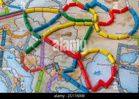 Ticket to Ride Europe board game close up detail - coloured Train Cars ...
