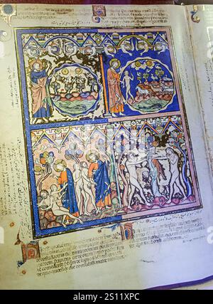 Illuminated page in an antique book La Bible des Croisades The Crusader Bible) in the Château de Bouillon, Bouillon Castle, Bouillon, Belgium Stock Photo
