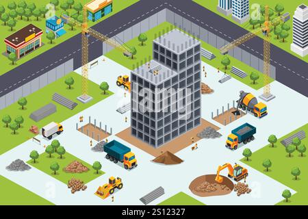 A vector illustration of Isometric Building  Construction Site Stock Vector