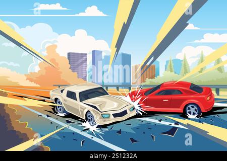 A vector illustration of Car Accident in Highway Stock Vector