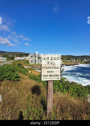 East Coast Trail to Stiles Cove sign in Pouch Cove, Newfoundland & Labrador, Canada Stock Photo