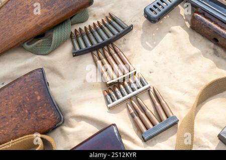 Old gun ammunition of different types and calibers Stock Photo