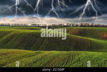 lightning over a hilly field. landscape with dramatic thunderclouds in the background. nature of Ukraine Stock Photo