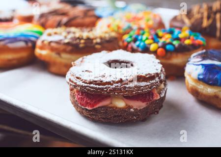 A view of a filled chocolate cronut among a baking sheet of assorted donuts. Stock Photo
