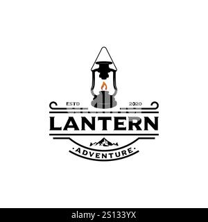 Camping logo with lantern Vintage emblem forest. Retro style camping camper explore. Outdoor adventure badge design. Travel and hipster mountain outdo Stock Vector