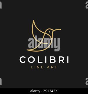 Hummingbird Line art, geometric colibri logo icon vector template on black background Stock Vector