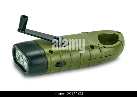 Modern portable LED flashlight powered by a battery isolated on white background with clipping path.This device charge battery by solar cells or  turn Stock Photo