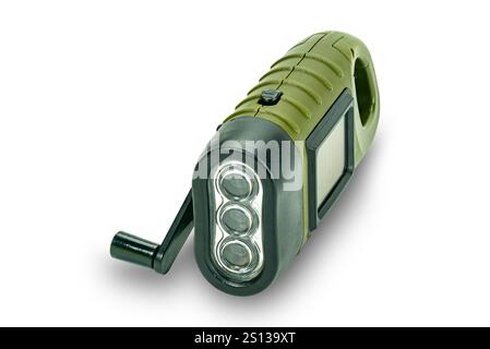 High angle view of mini solar cranking LED flashlight isolated on white background with clipping path. This device charge battery by solar cells or  t Stock Photo