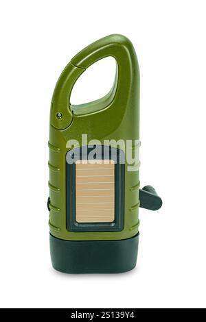 Vertical view of mini solar cranking LED flashlight isolated on white background with clipping path. This device charge battery by solar cells or  tur Stock Photo