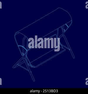 Blue drawing of a swing. The swing is made of wood and has a frame. The swing is suspended from the ceiling and has a canopy Stock Vector