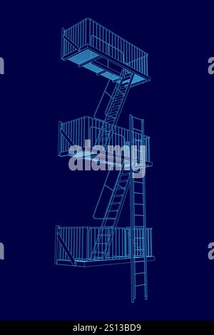 Blue drawing of a staircase. The staircase is three stories tall and has a blue ladder Stock Vector